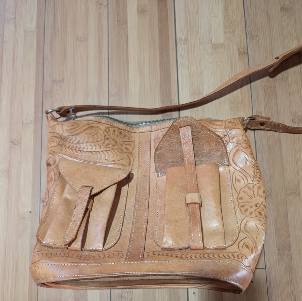 Tan Leather Embossed Shoulder Bag